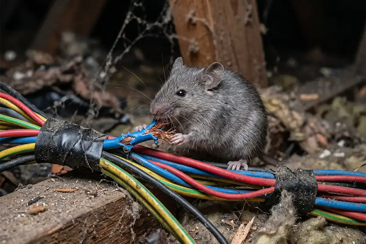 Souris rongeant un câble électrique dans un grenier